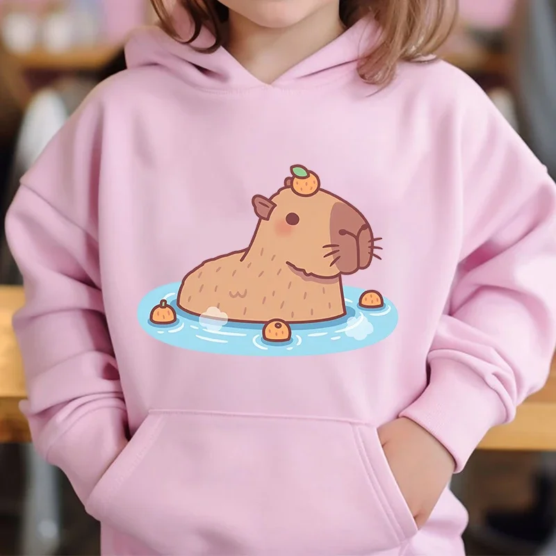 Cute Capybara Loves Bubble Tea kids hoodie pink plus velvet sweater autumn and winter tops for girls Boys Sweater Unisex Wear