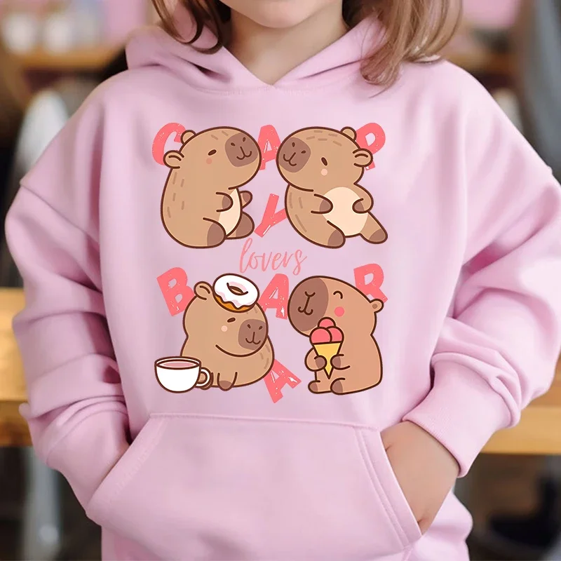 Cute Capybara Loves Bubble Tea kids hoodie pink plus velvet sweater autumn and winter tops for girls Boys Sweater Unisex Wear
