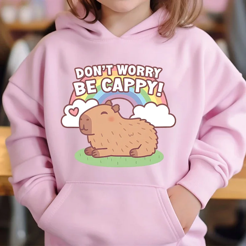 Cute Capybara Loves Bubble Tea kids hoodie pink plus velvet sweater autumn and winter tops for girls Boys Sweater Unisex Wear