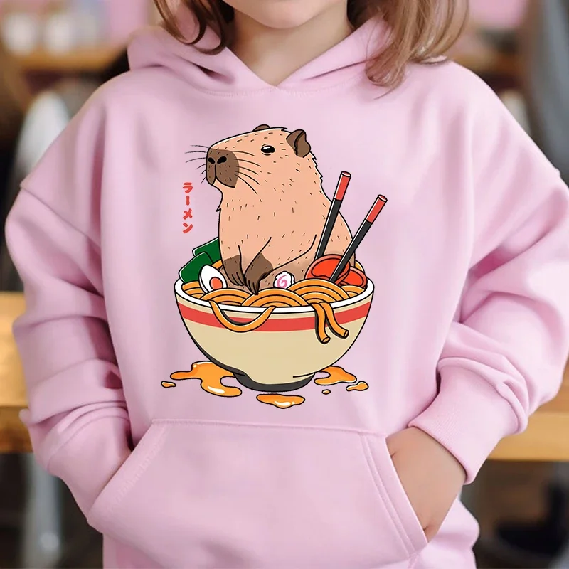 Cute Capybara Loves Bubble Tea kids hoodie pink plus velvet sweater autumn and winter tops for girls Boys Sweater Unisex Wear