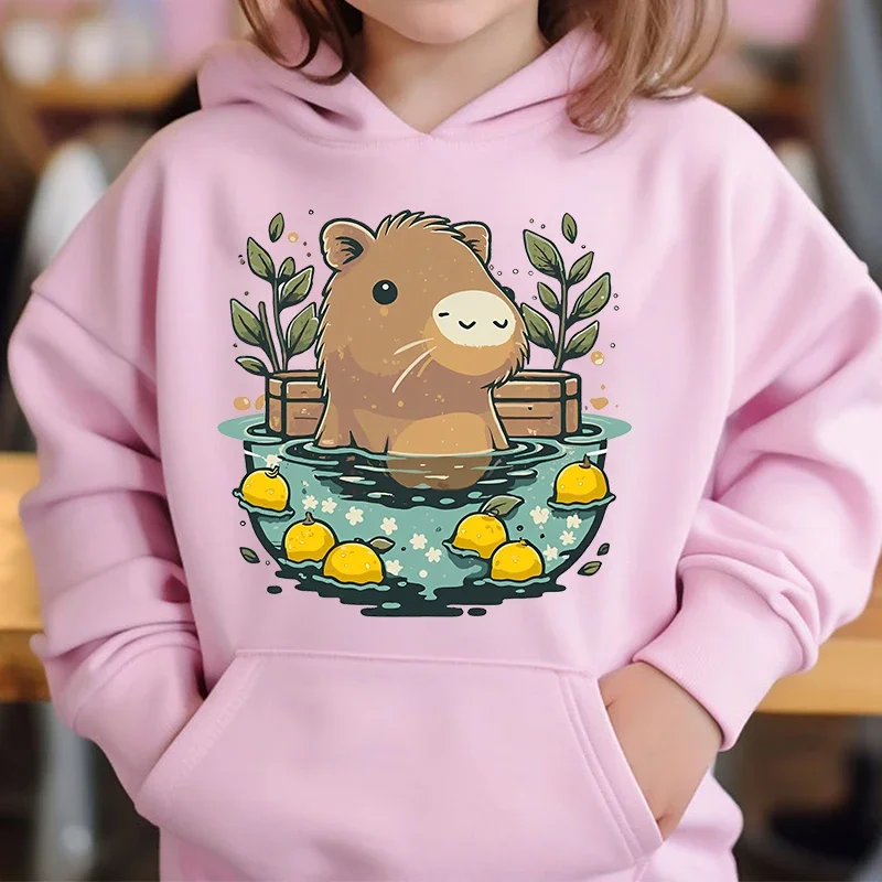 Cute Capybara Loves Bubble Tea kids hoodie pink plus velvet sweater autumn and winter tops for girls Boys Sweater Unisex Wear