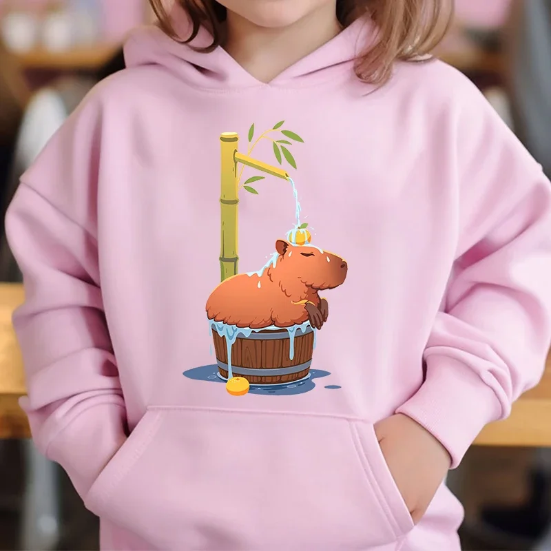 Cute Capybara Loves Bubble Tea kids hoodie pink plus velvet sweater autumn and winter tops for girls Boys Sweater Unisex Wear