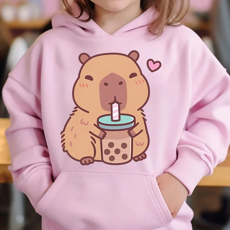 Cute Capybara Loves Bubble Tea kids hoodie pink plus velvet sweater autumn and winter tops for girls Boys Sweater Unisex Wear