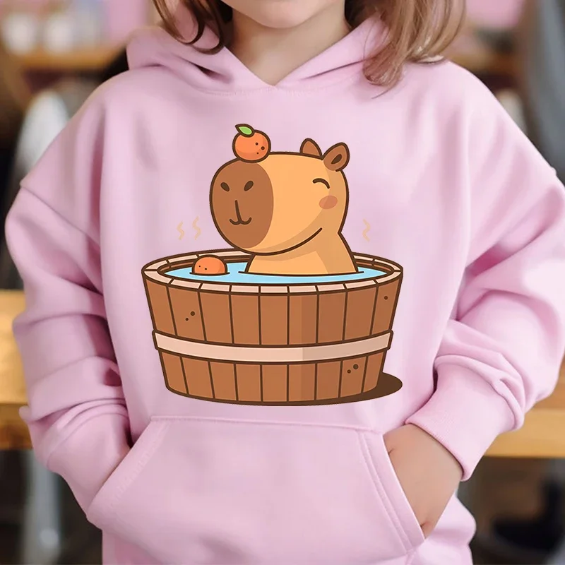 Cute Capybara Loves Bubble Tea kids hoodie pink plus velvet sweater autumn and winter tops for girls Boys Sweater Unisex Wear