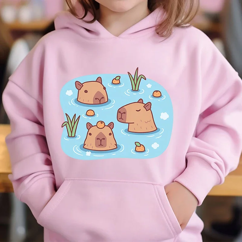 Cute Capybara Loves Bubble Tea kids hoodie pink plus velvet sweater autumn and winter tops for girls Boys Sweater Unisex Wear