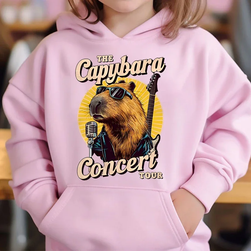 Cute Capybara Loves Bubble Tea kids hoodie pink plus velvet sweater autumn and winter tops for girls Boys Sweater Unisex Wear