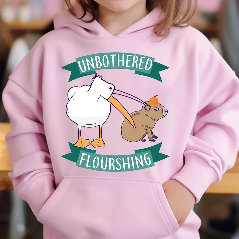 Cute Capybara Loves Bubble Tea kids hoodie pink plus velvet sweater autumn and winter tops for girls Boys Sweater Unisex Wear