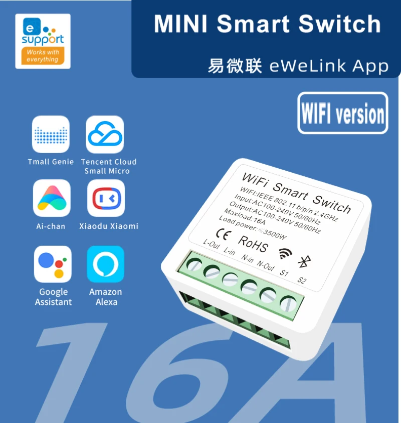 EWeLink Wifi Smart Switch Mini 16A 2way Control Smart Home Breaker Wireless Remote Voice Control Alexa Google Home