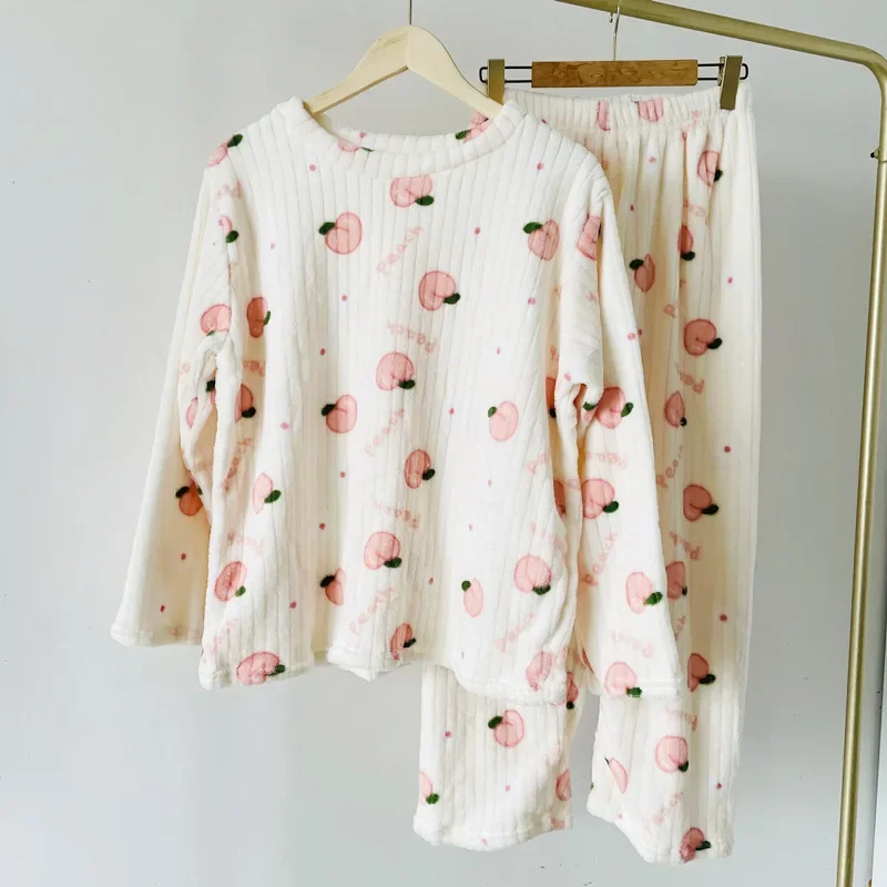 Coral Fleece Bear Print Warm Set Winter Cozy Sleepwear Cute Cartoon Girls Home Outfit Comfortable Loungewear Soft Pajamas