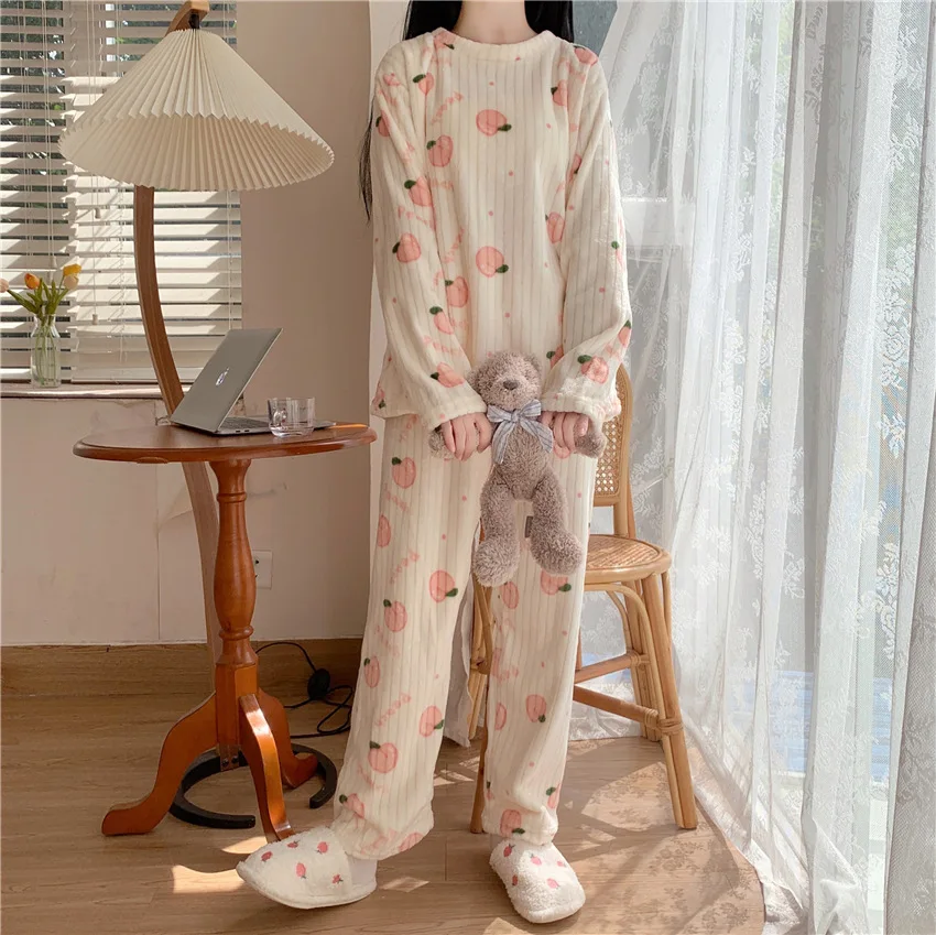 Coral Fleece Bear Print Warm Set Winter Cozy Sleepwear Cute Cartoon Girls Home Outfit Comfortable Loungewear Soft Pajamas