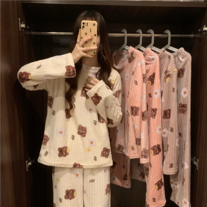 Coral Fleece Bear Print Warm Set Winter Cozy Sleepwear Cute Cartoon Girls Home Outfit Comfortable Loungewear Soft Pajamas