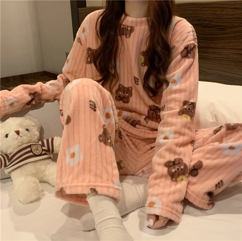 Coral Fleece Bear Print Warm Set Winter Cozy Sleepwear Cute Cartoon Girls Home Outfit Comfortable Loungewear Soft Pajamas