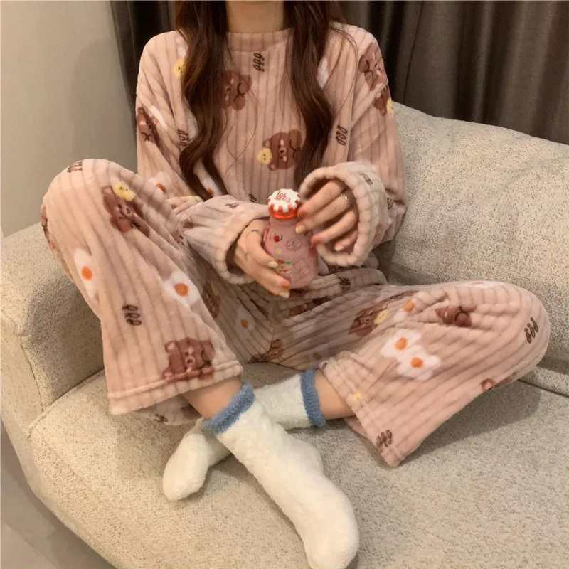 Coral Fleece Bear Print Warm Set Winter Cozy Sleepwear Cute Cartoon Girls Home Outfit Comfortable Loungewear Soft Pajamas
