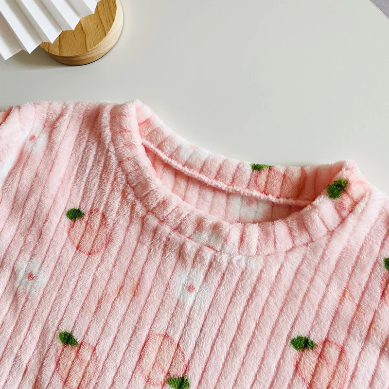 Coral Fleece Bear Print Warm Set Winter Cozy Sleepwear Cute Cartoon Girls Home Outfit Comfortable Loungewear Soft Pajamas