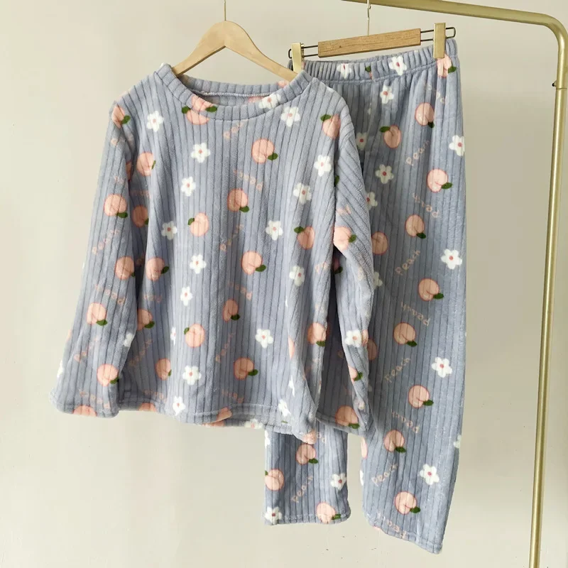 Coral Fleece Bear Print Warm Set Winter Cozy Sleepwear Cute Cartoon Girls Home Outfit Comfortable Loungewear Soft Pajamas