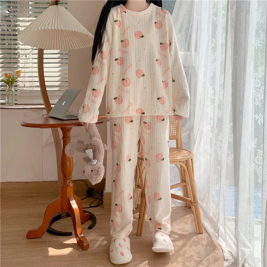 Coral Fleece Bear Print Warm Set Winter Cozy Sleepwear Cute Cartoon Girls Home Outfit Comfortable Loungewear Soft Pajamas