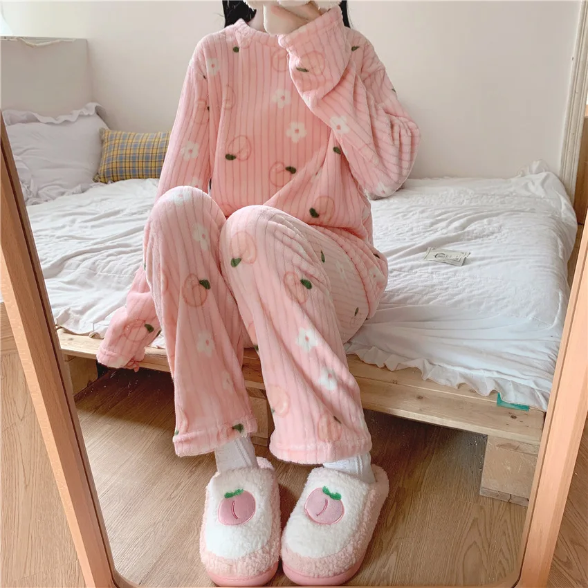 Coral Fleece Bear Print Warm Set Winter Cozy Sleepwear Cute Cartoon Girls Home Outfit Comfortable Loungewear Soft Pajamas