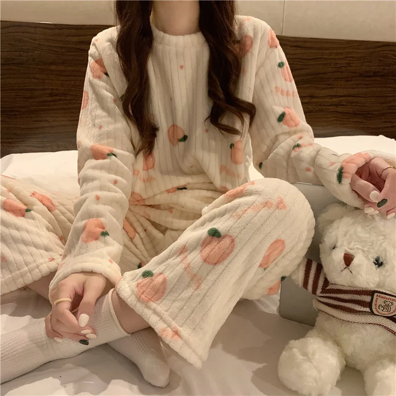 Coral Fleece Bear Print Warm Set Winter Cozy Sleepwear Cute Cartoon Girls Home Outfit Comfortable Loungewear Soft Pajamas