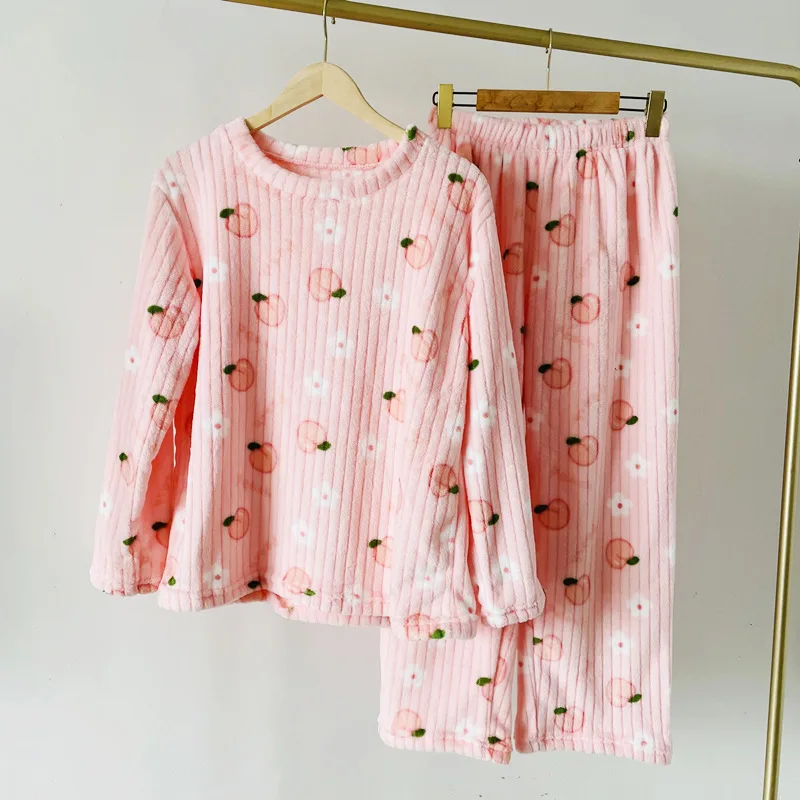 Coral Fleece Bear Print Warm Set Winter Cozy Sleepwear Cute Cartoon Girls Home Outfit Comfortable Loungewear Soft Pajamas