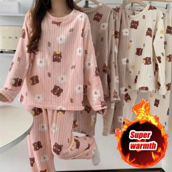 Coral Fleece Bear Print Warm Set Winter Cozy Sleepwear Cute Cartoon Girls Home Outfit Comfortable Loungewear Soft Pajamas