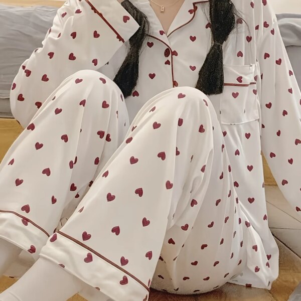 New Women's Autumn & Winter 2-Piece Pajama Set - Ins-Style Heart All-Over Print, Cardigan Design, Skin-Friendly Loose Comfortabl