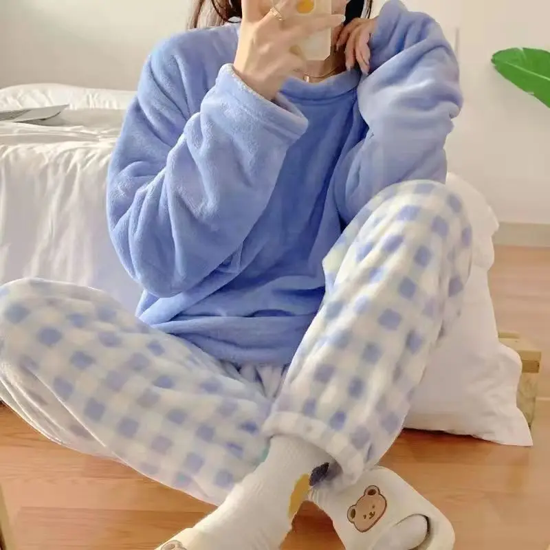 Fleece Thick Warm Women's Pajamas Set Winter Sleepwear Casual Solid Top and Plaid Pants Soft Pijamas Set for Women Home Suit Fleece Thick Warm Women's Pajamas Set Winter Sleepwear Casual Solid Top and Plaid Pants Soft Pijamas Set for Women Home Suit