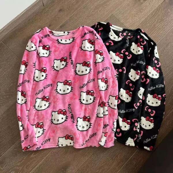 Winter Hello Kitty Pajama Top Kawaii Cartoon Pajama Y2K Warm Thickened Woman Top Plush Homewear Cute Sleepwear Shirts