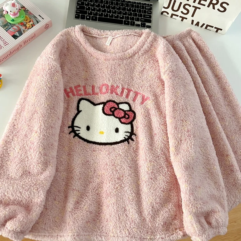 Thickened Warm Women‘s Sleepwear Cartoon HelloKitty Women's Pajamas Set Winter New Cute Fashion Two Sets Nightwear Loungewear - Image 2