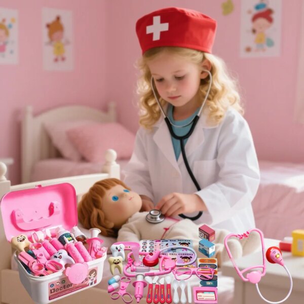 Doctor Nurse Role Play Set Medical Tools with Stethoscope & Injectors in A Pretend Play Trolley Box Ideal Gifts for KidsToy Girl