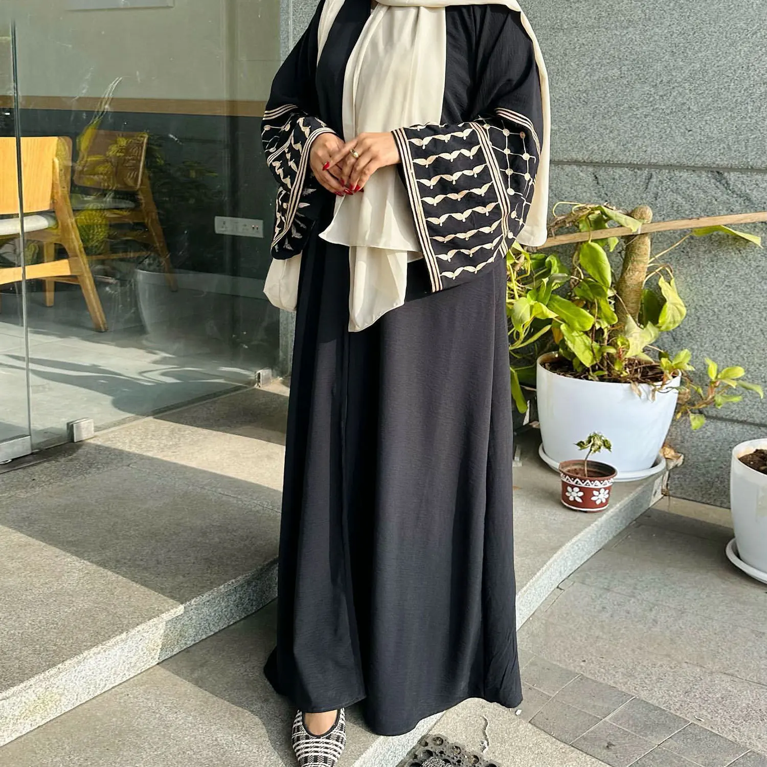 Fashion Embroidery Kimono Oversized Muslim Robe Abaya Syari Female Full Length Belted Muslim Abaya Open Front Abayas Robe Kaftan