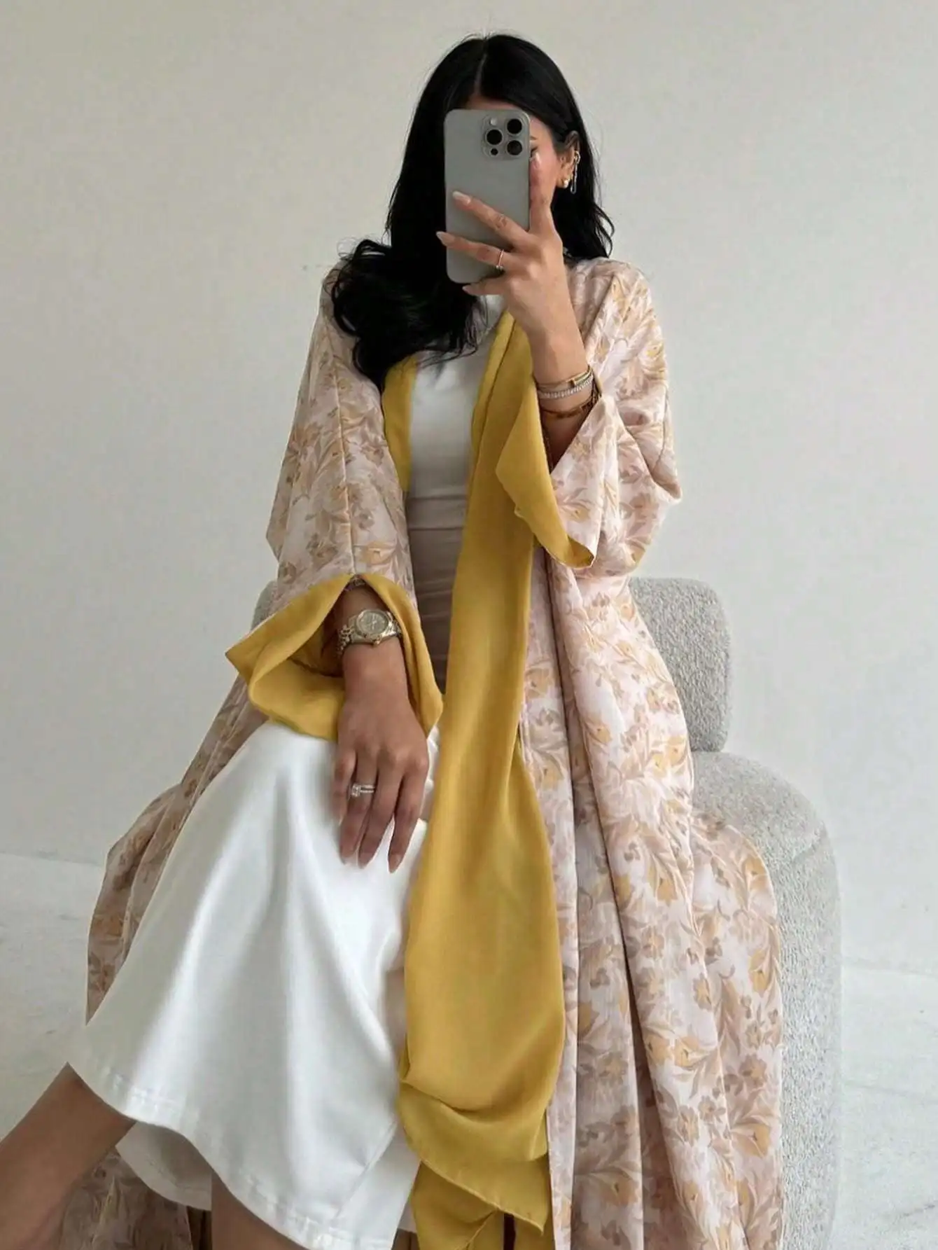 Loose Floral Printed Abaya Long Sleeve Traditional Middle Eastern Dress for Women Elegant Open Front Robe Without Scarf