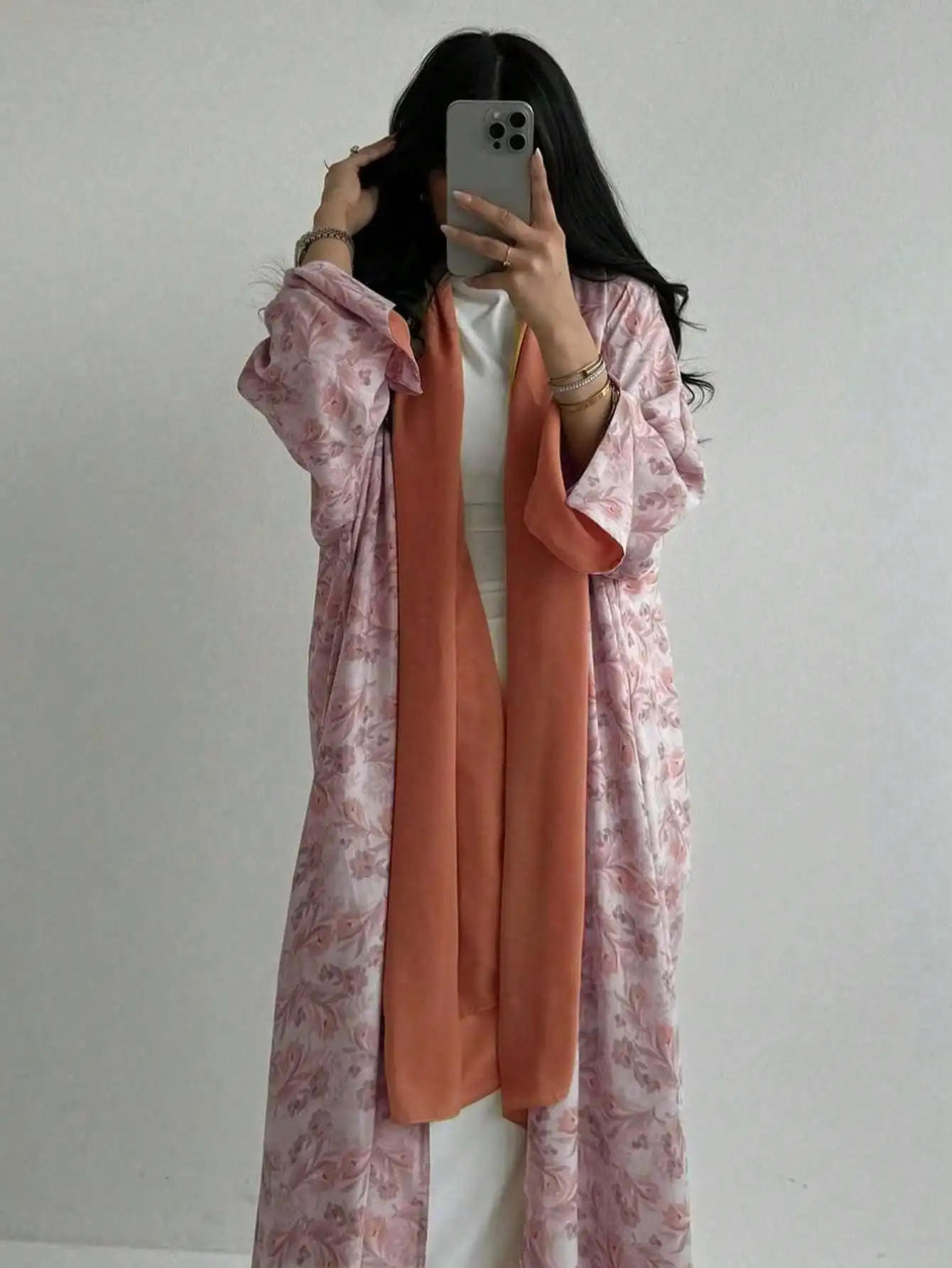 Loose Floral Printed Abaya Long Sleeve Traditional Middle Eastern Dress for Women Elegant Open Front Robe Without Scarf