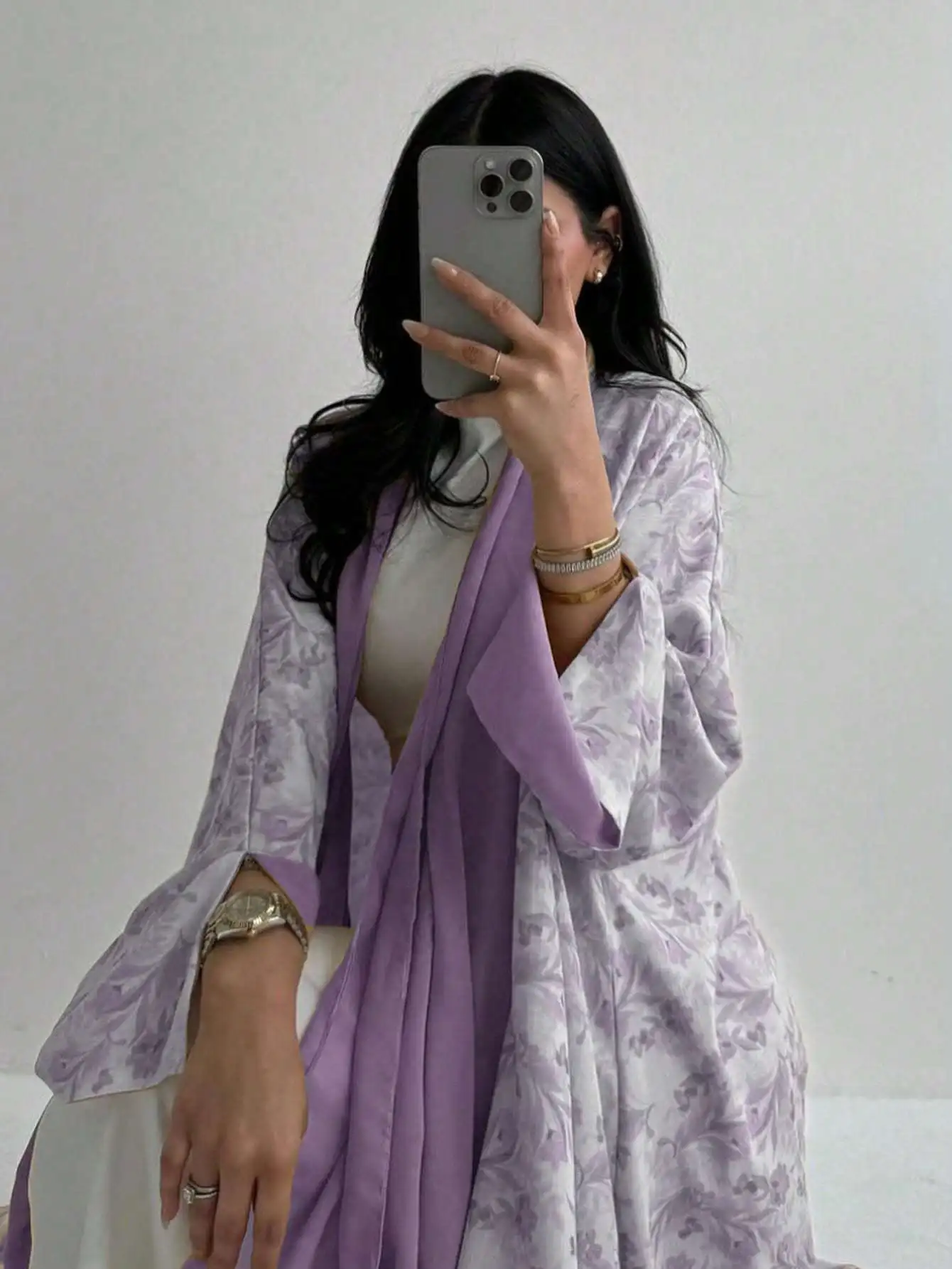 Loose Floral Printed Abaya Long Sleeve Traditional Middle Eastern Dress for Women Elegant Open Front Robe Without Scarf