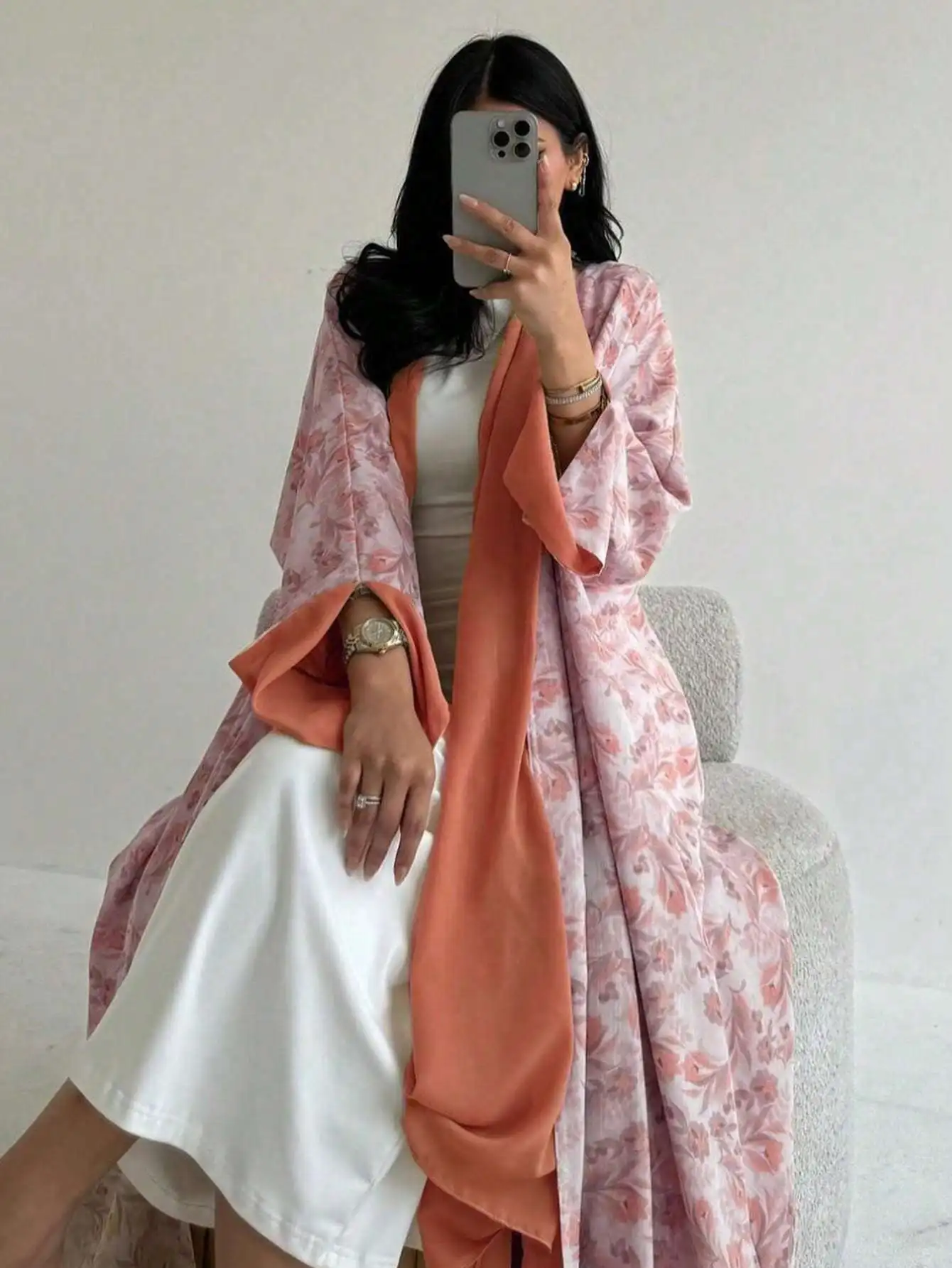 Loose Floral Printed Abaya Long Sleeve Traditional Middle Eastern Dress for Women Elegant Open Front Robe Without Scarf