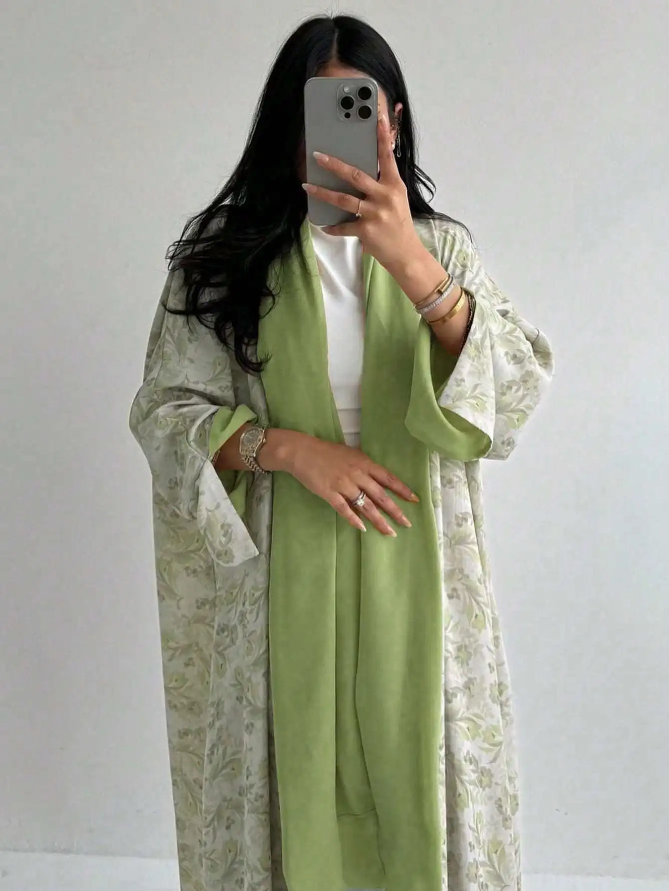 Loose Floral Printed Abaya Long Sleeve Traditional Middle Eastern Dress for Women Elegant Open Front Robe Without Scarf