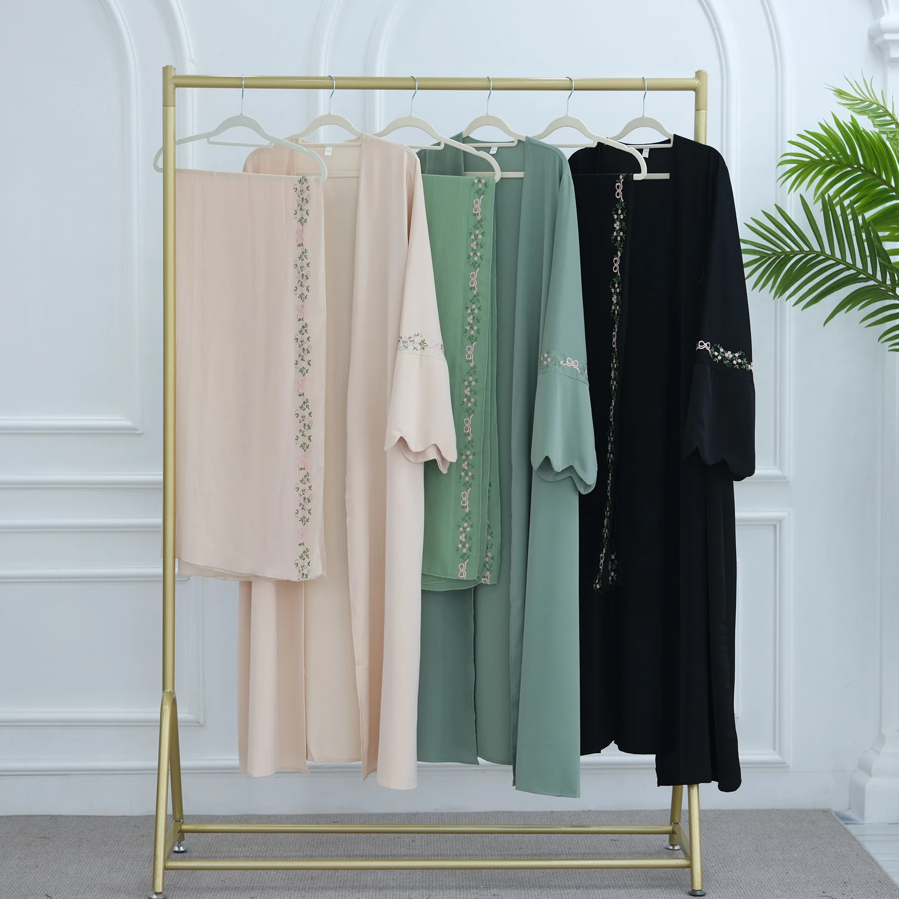 Front Open Abaya with Hijab 2 Piece Set Muslim Embroidery Abayas for Women Dubai Modest Islamic Clothing Kaftan Turkish Dresses