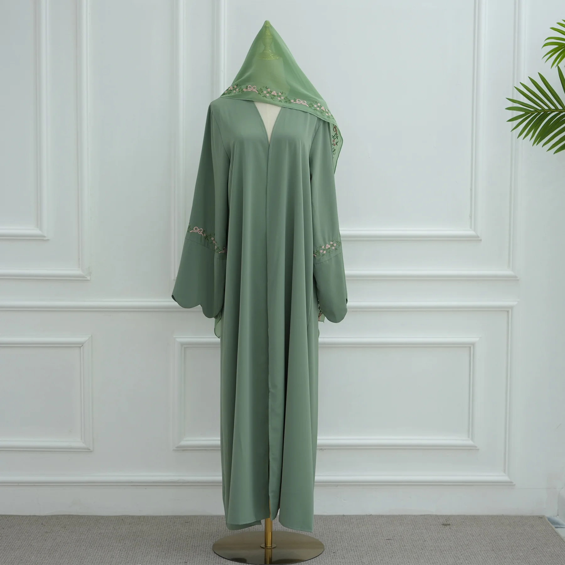 Front Open Abaya with Hijab 2 Piece Set Muslim Embroidery Abayas for Women Dubai Modest Islamic Clothing Kaftan Turkish Dresses