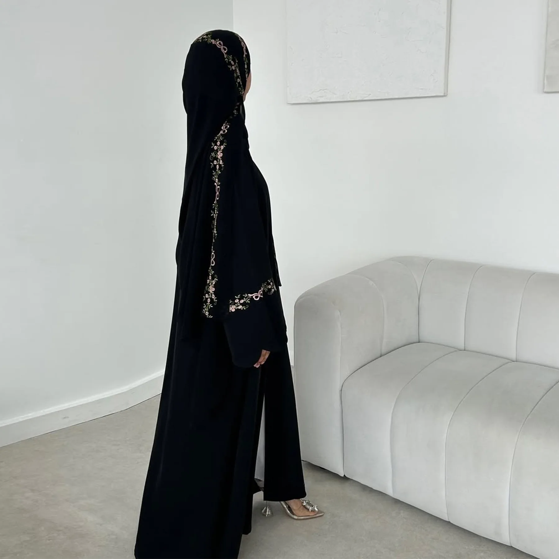 Front Open Abaya with Hijab 2 Piece Set Muslim Embroidery Abayas for Women Dubai Modest Islamic Clothing Kaftan Turkish Dresses