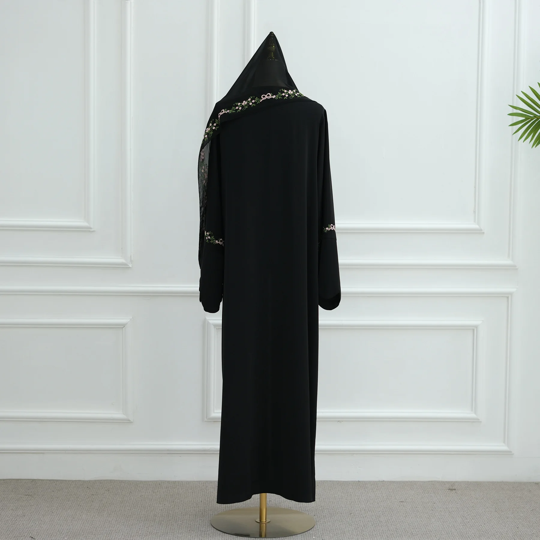 Front Open Abaya with Hijab 2 Piece Set Muslim Embroidery Abayas for Women Dubai Modest Islamic Clothing Kaftan Turkish Dresses