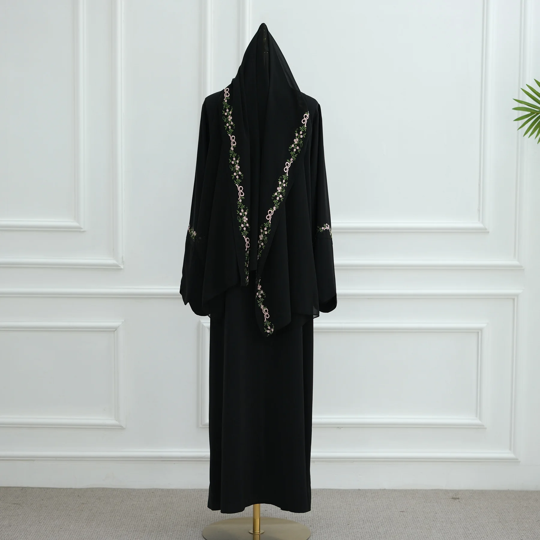 Front Open Abaya with Hijab 2 Piece Set Muslim Embroidery Abayas for Women Dubai Modest Islamic Clothing Kaftan Turkish Dresses