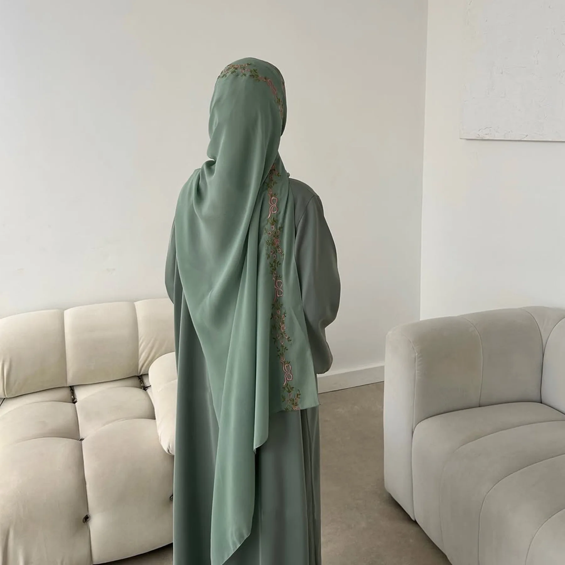 Front Open Abaya with Hijab 2 Piece Set Muslim Embroidery Abayas for Women Dubai Modest Islamic Clothing Kaftan Turkish Dresses