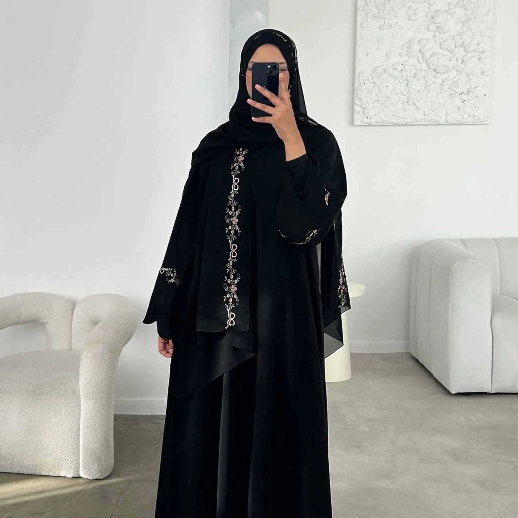 Front Open Abaya with Hijab 2 Piece Set Muslim Embroidery Abayas for Women Dubai Modest Islamic Clothing Kaftan Turkish Dresses