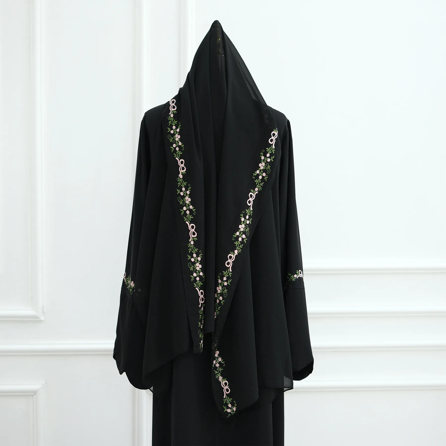 Front Open Abaya with Hijab 2 Piece Set Muslim Embroidery Abayas for Women Dubai Modest Islamic Clothing Kaftan Turkish Dresses