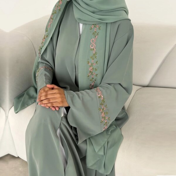 Front Open Abaya with Hijab 2 Piece Set Muslim Embroidery Abayas for Women Dubai Modest Islamic Clothing Kaftan Turkish Dresses