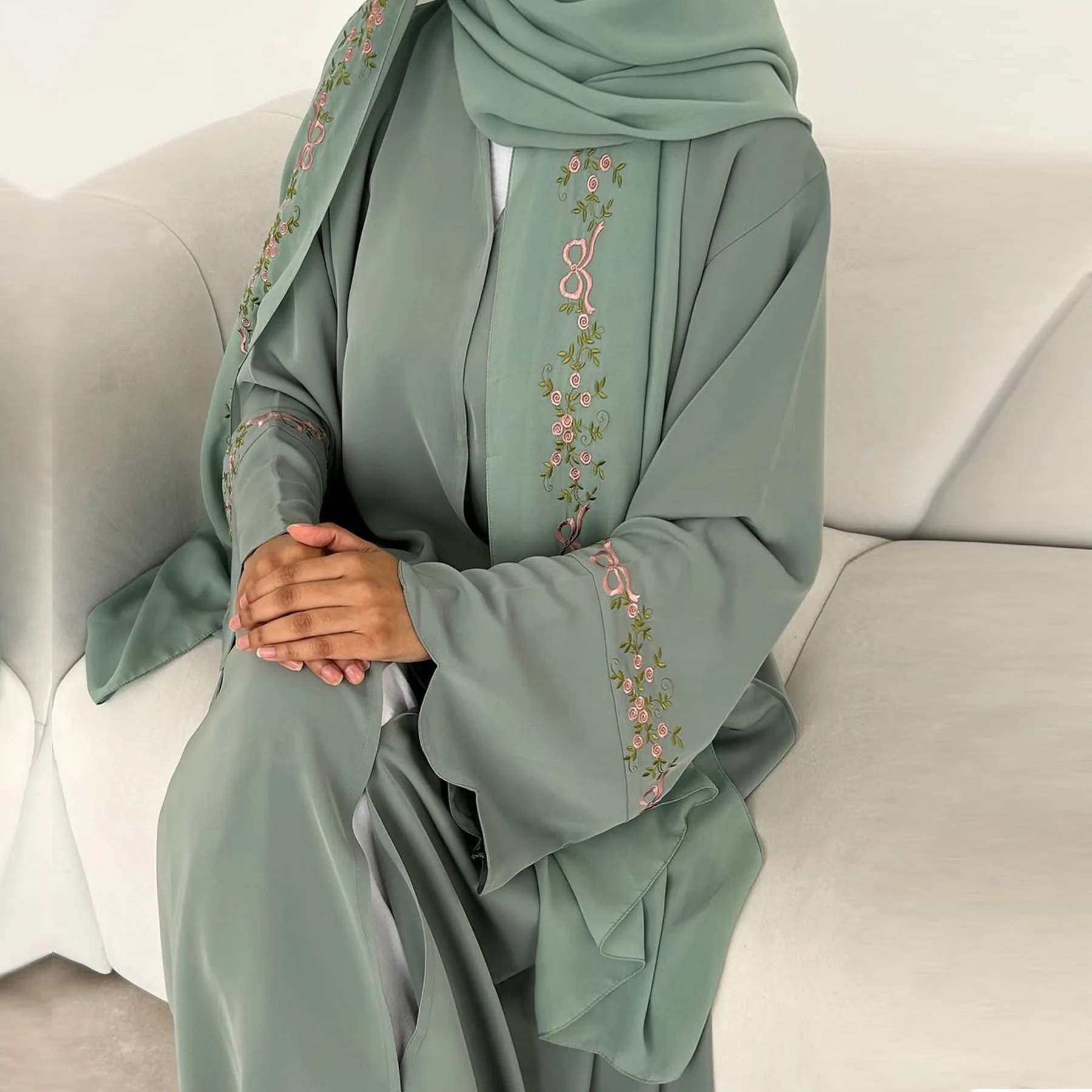 Front Open Abaya with Hijab 2 Piece Set Muslim Embroidery Abayas for Women Dubai Modest Islamic Clothing Kaftan Turkish Dresses