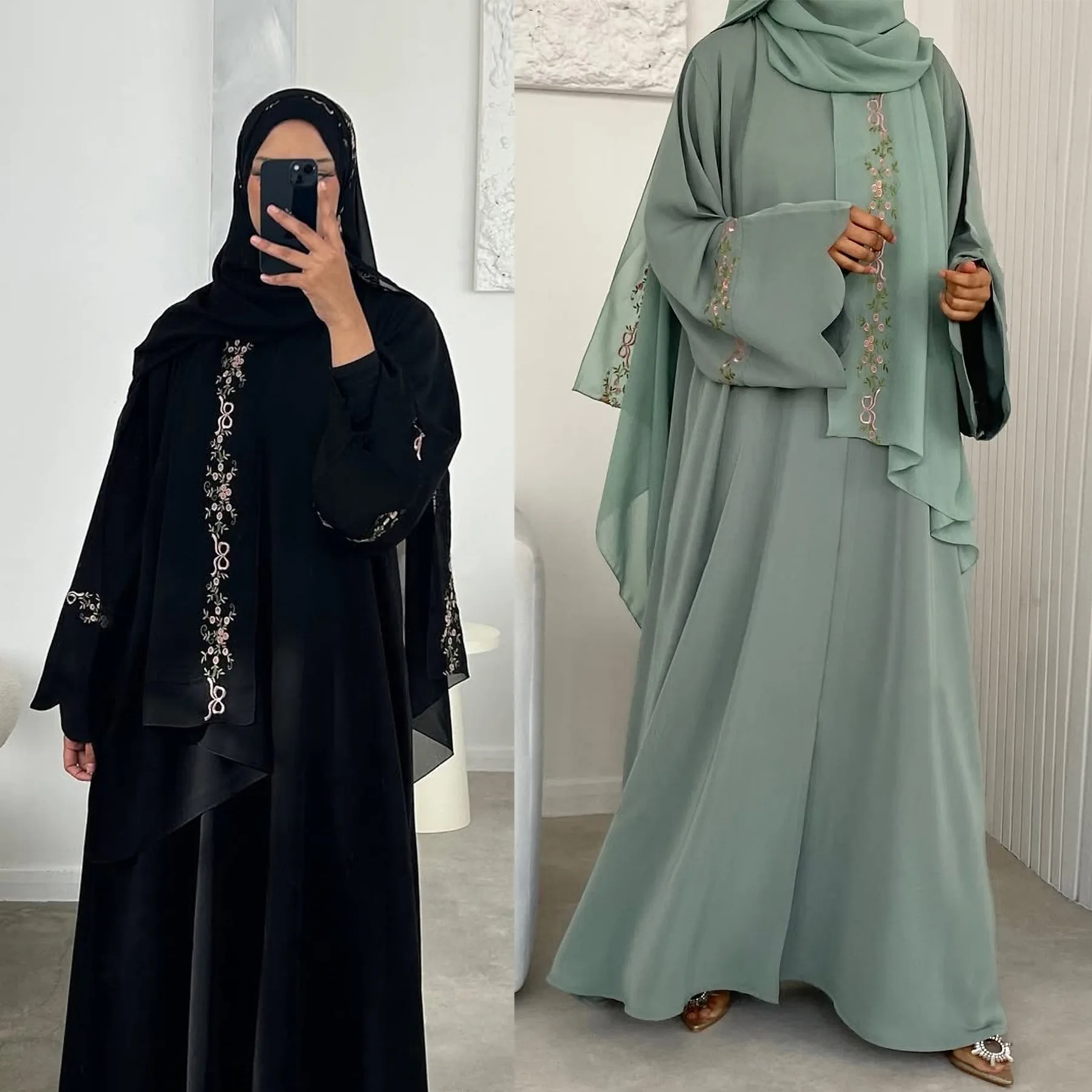 Front Open Abaya with Hijab 2 Piece Set Muslim Embroidery Abayas for Women Dubai Modest Islamic Clothing Kaftan Turkish Dresses