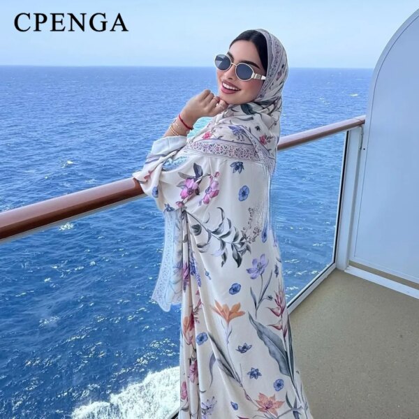 Eid Women Abaya Flower Print Open Cardigan Scarf Beach Women Cardigan Dress Muslim Long Sleeve Jalabiya Ramadan Abayas Kaftan