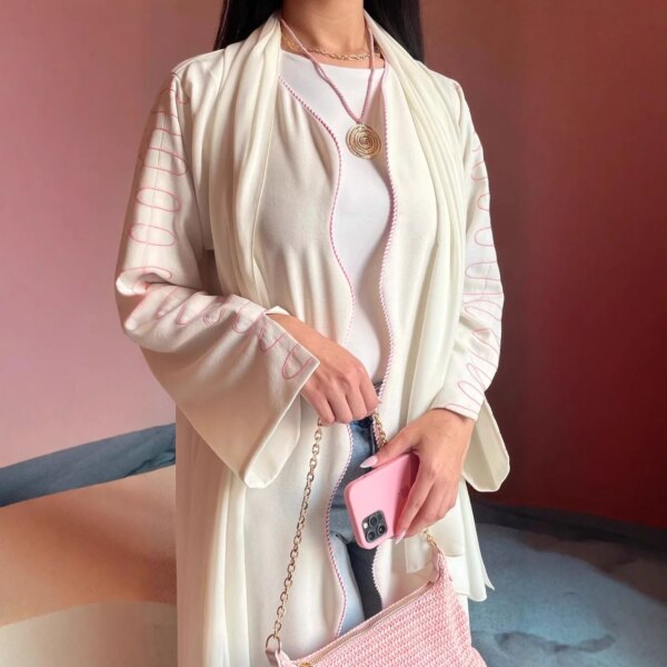 Open Cardigan Abaya Robe Dubai Muslim Women New Long Loose Middle East Turkey Fashion Embroidered Wave Edge Cardigan