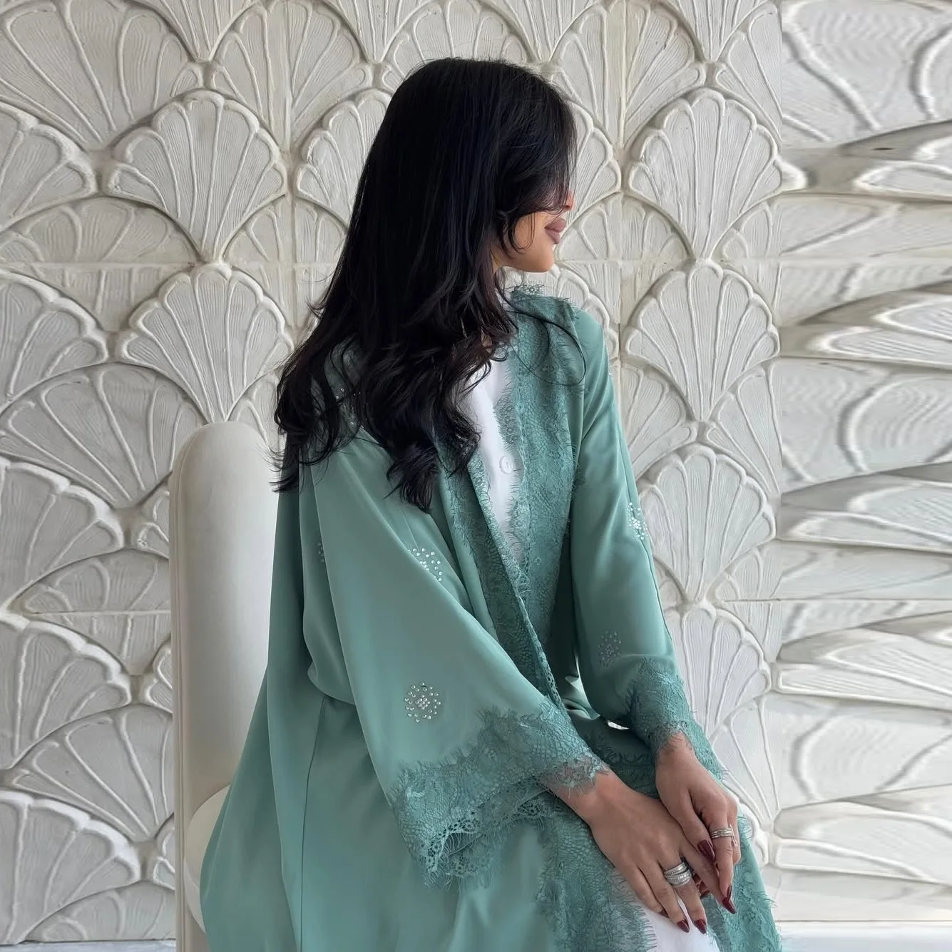 2025 New Open Abaya Dubai Lace Applique Kaftan Kimono Cardigan for Muslim Women Islamic Clothing Turkey Jalabiya