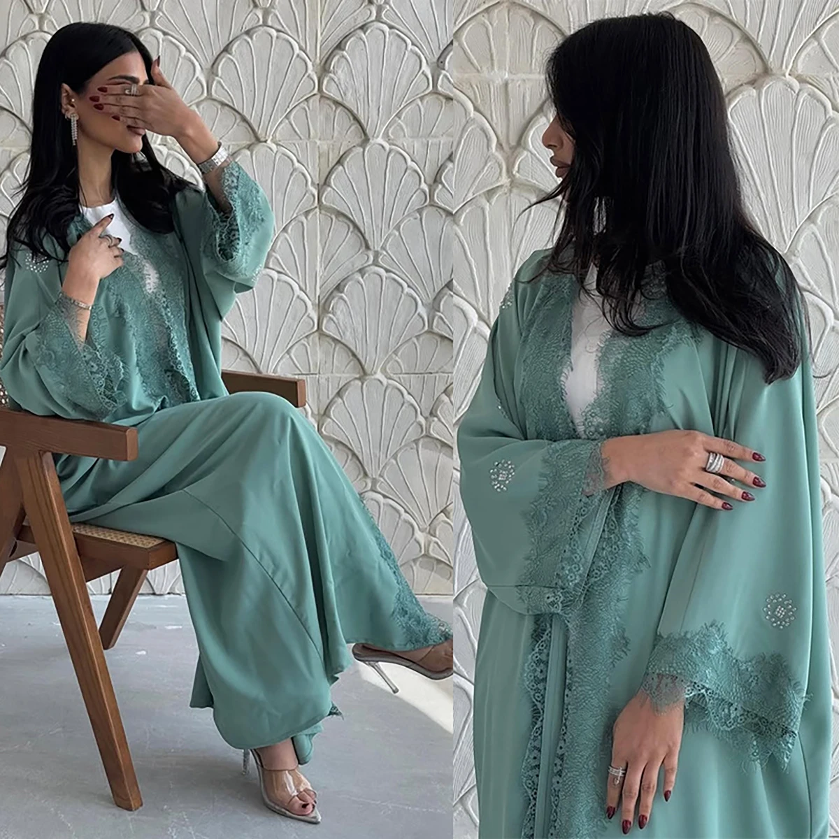 2025 New Open Abaya Dubai Lace Applique Kaftan Kimono Cardigan for Muslim Women Islamic Clothing Turkey Jalabiya